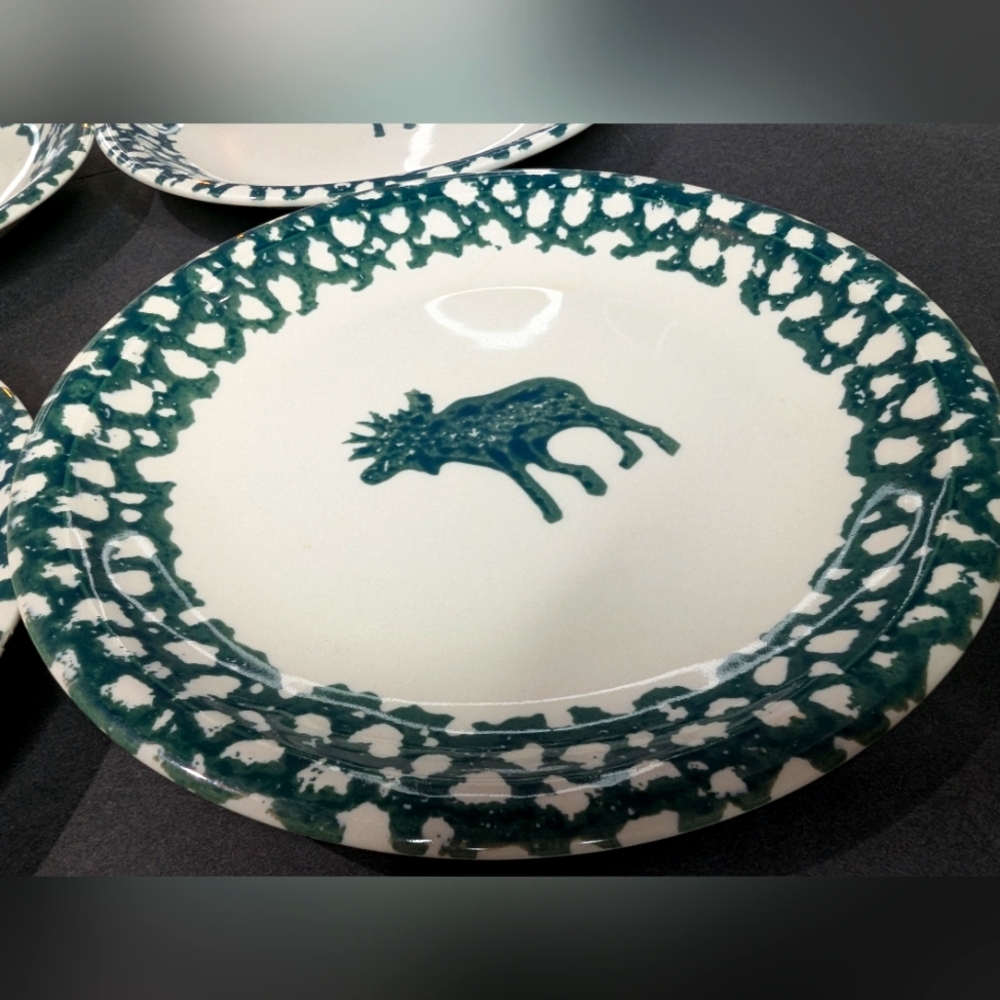 Tienshan Folk Craft Moose Country green spongeware‎ 8" ceramic 4 salad plates